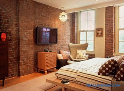 Brick in the interior of the bedroom - 60 examples of decor