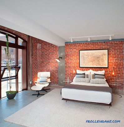 Brick in the interior of the bedroom - 60 examples of decor