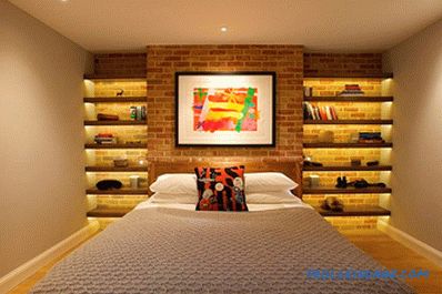 Brick in the interior of the bedroom - 60 examples of decor