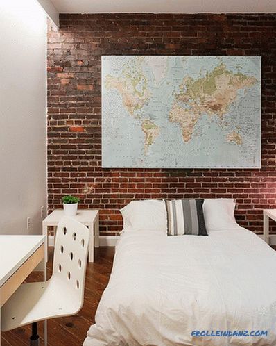 Brick in the interior of the bedroom - 60 examples of decor