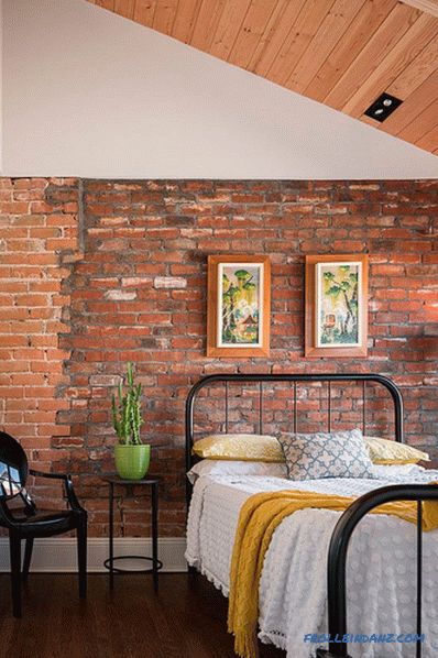 Brick in the interior of the bedroom - 60 examples of decor