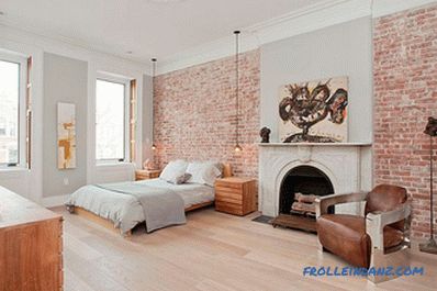 Brick in the interior of the bedroom - 60 examples of decor