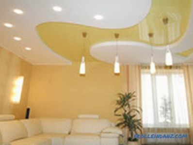 Types of stretch ceilings on the material of manufacture, construction and design + Photo